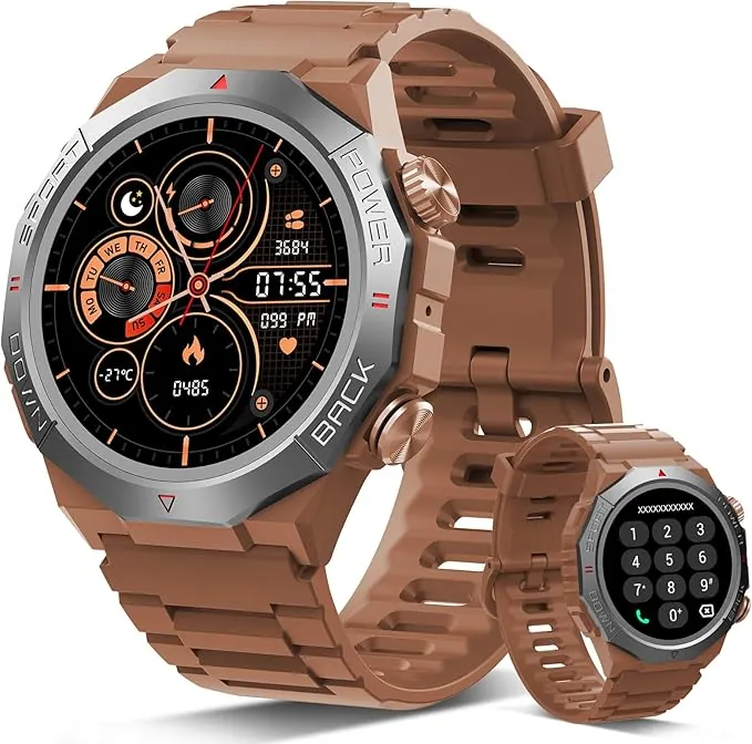 Reloj Inteligente Hombre Mujer con Llamadas, 1.39" Militar Smartwatch con 110+ Modos Deportivos, Monitor de Ritmo Cardíaco y Sueño. Pulsera Actividad IP68 Impermeable para Android iOS, Marrón