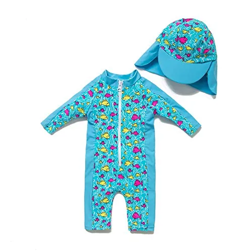 BONVERANO Bañador Recién Nacido Manga Corta Protección UV 50+ con Gorro(Azul-Azul,3-6meses