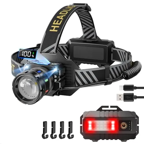 Linterna frontal LED recargable, 80.000 lm, muy brillante, con luz roja y modo de sensor, 9 modos de luz, IP65 resistente al agua, enfoque ajustable de 90°, para correr, camping, senderismo, pesca
