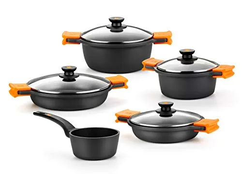 BRA Efficient Batería 9 Piezas Aluminio Fundido Antiadherente, apta todo tipo de Cocinas e Inducción (contiene 4 cacerolas y 1 cazo + 4 tapas)