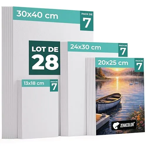 Set de 28 Canvas Telas - Lienzos para Pintar de Varios Tamaños - 13x18, 20x25, 24x30, 30x40 - Algodón sin Ácidos - Todos los tipos de Pintura sobre Lienzos