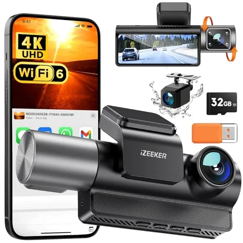 iZEEKER 3 Canales 4K Dashcam con Tarjeta de 32GB GRATIS, Cámara Coche Frontal, Trasera e Interior 4K+1080P+1080P con WDR, Visión Nocturna IR, WiFi 6, Ángulo 170°, G-Sensor, Modo de Estacionamiento 24H