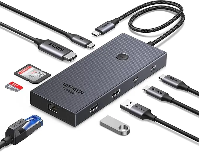 UGREEN Revodok Pro 1091 10Gbps Hub USB C HDMI 4K 60Hz Ethernet Gigabit PD 100W Lector de Tarjeta SD TF Puertos de Datos 2A2C Docking Station Compatible con MacBook iPad Air Pro iPhone 17 Pro MAX Air