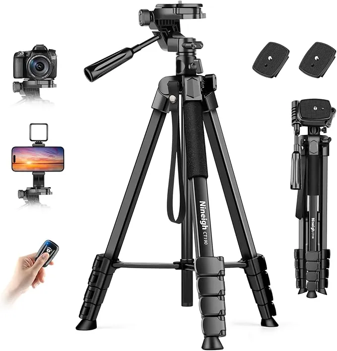 Nineigh 190cm Tripode Camara, Tripode para Movil con Columna Central Transversal, Ligero Tripod de Aluminio con Soprtre de Teléfono y Control Remoto para iPhone Samsung Huawei Cámara