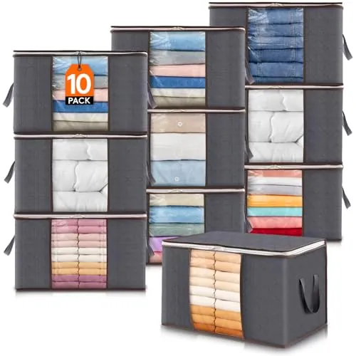 Lifewit Cajas Almacenaje Ropa, Bolsa almacenamiento ropa, Organizador Armario Plegable, Cajas Mudanza, Bolsas con Asa Reforzada para Guardar, Mantas, Edredones, Gris, 60L, 10 Piezas