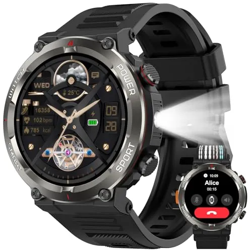 Yxtel Reloj Inteligente Hombre Militar,Smartwatch Hombre 1.45" Llamadas Bluetooth 960mAh Monitor Cardíaco 24h SpO2 Sueño IP68 123 Modos Deporte Linterna LED Brújula 2 Correas iOS Android