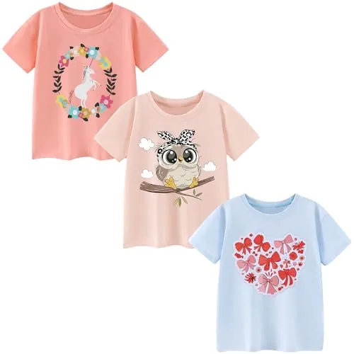 Pilipulu Camisetas de Manga Corta Niñas, Camiseta Algodon para Niña de Verano, Cuello Redondo T-Shirts Moda Informal Tops para Niños 4 Años, Azul/Rojo/Rosa