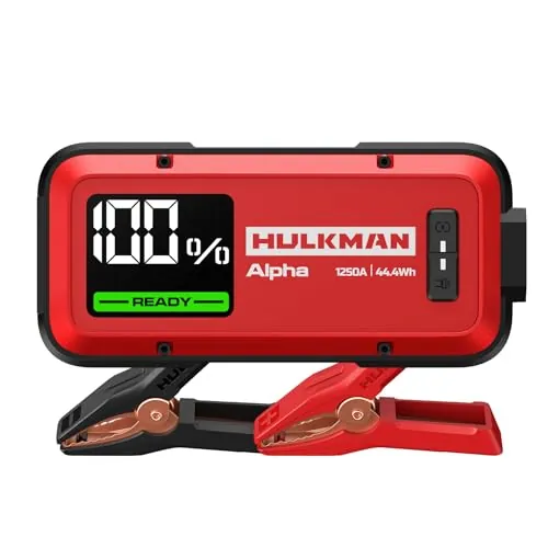 HULKMAN Alpha Ultra Red, Arrancador de Batería Portátil 1250A 44.4Wh,Caja de Arranque 12V para Coches Modernos con Cables, para Motores Gasolina 7.0L / Diésel 4.0L,Carga Rápida 65W, Clasificación IP65