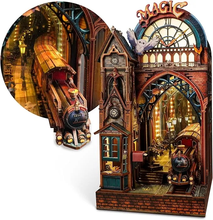 FUNPOLA Puzzle 3D LED Magic Station Book Nook – Miniatura mágica interactiva con Espacio de expansión Infinito, Inserto DIY para estantería, decoración y Regalo Creativo (Estación Mágica)