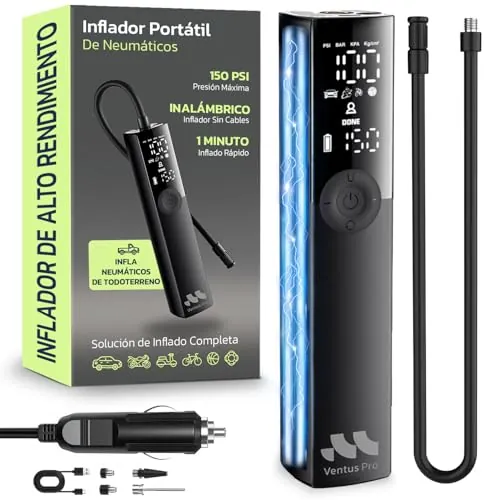 Woowind Compresor Aire Portátil para Coche, Bicicleta, Moto, SUV y Pickup - Inflador Eléctrico de Neumáticos Recargable, 150 PSI, Uso Inalámbrico o con cable 12V DC, Apagado Automático y Linterna LED