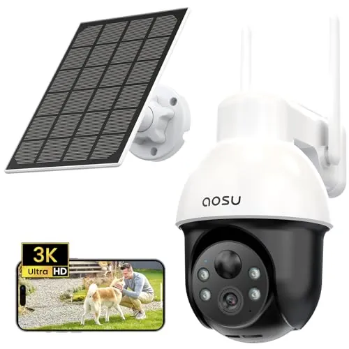 aosu 3K 5MP Cámara de Vigilancia WiFi Exterior, Pilas Cámara de Seguridad Inalámbrica, Panorama PTZ de 360°, Panel Solar Portátil, Detección PIR de Personas y Coches, Visión Nocturna Color