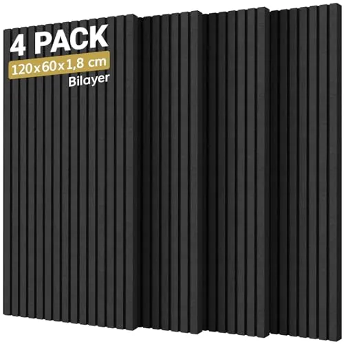 TONOR Pack 4 Paneles Espuma Aislante Acústicos, 120x60x1.8cm Valido para Grandes Azulejos Insonorizacion, Reducción de Ruido, Sonido, Hogar, Podcast, Estudios Grabación, Oficinas, Decoración, Negro