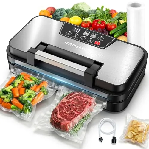 AIRMSEN Envasadora al vacío de 95 kPa con función de inflado | Para alimentos secos y húmedos, doble sellado de 30cm, cortador integrado, compartimento para rollo, rollo sin BPA incluido