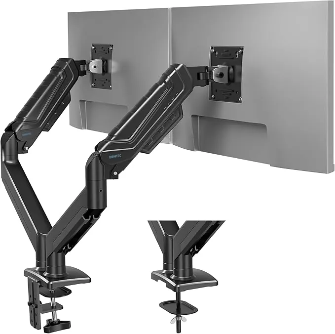 BONTEC Soporte Doble Monitor, Brazo Articulado A Gas para 2 Monitores De 15-34 Pulgadas hasta 12 Kg, Rotación 360°, Inclinación Y Altura Ajustable, Monitor Arm De Escritorio con Gestión De Cables