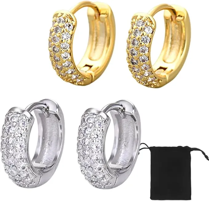 2 pares de pendientes y aro para mujer y hombre, aros pequeños, hipoalergénicos, pendientes de diamante y plateados (con bolsa de almacenamiento)