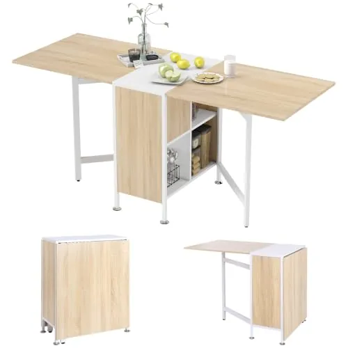 HOMCOM Mesa Plegable de Comedor con Alas Abatibles Roble/Blanco