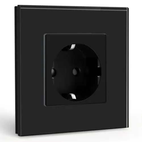 BSEED Enchufe de Pared,Schuko Enchufe Simple con Panel de Cristal Negro,16A 250V Toma de Corriente Simple,1 Gang Enchufes de Extensión para Cocina,Dormitorio,Oficina,Hotel,etc-86mm*86mm