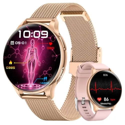 FOSMET Reloj Inteligente Mujer Salud ECG/HRV/BMI Presión Arterial, Rosa Oro