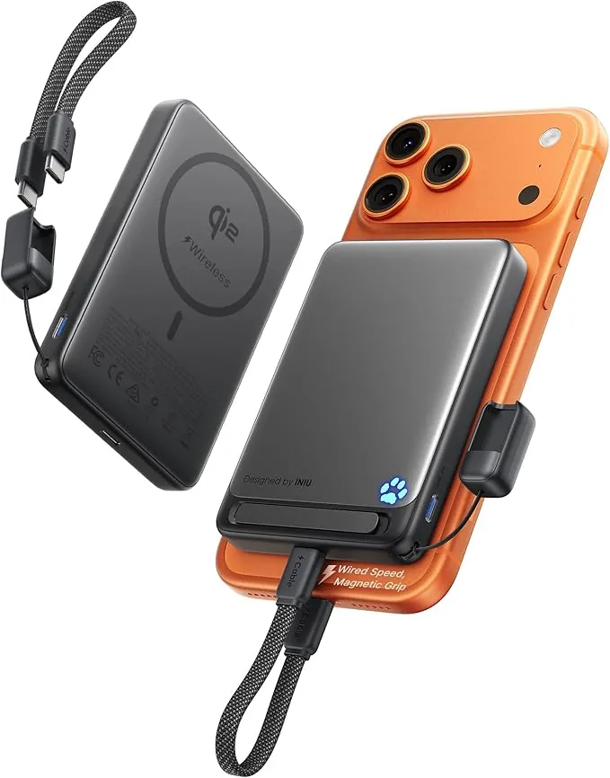 INIU Power Bank para MagSafe,Original Certificada Qi2 Carga Rápida Inalámbrica, Ultrafino 10000mAh 45W con Cable USB-C & Soporte, Batería Magnética TSA de Viaje, Compatible con iPhone 12-17