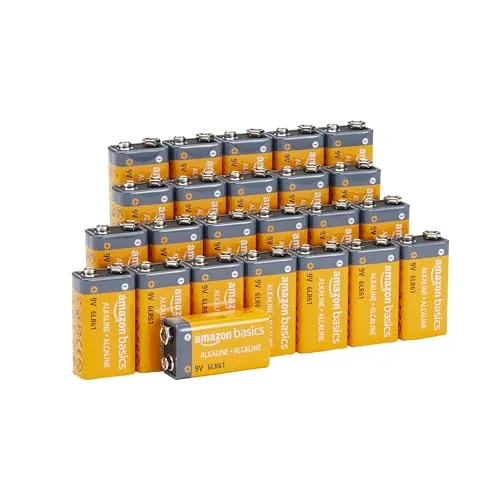 Amazon Basics - Paquete de 24 pilas alcalinas de 9 V, 9 V/6LR61, vida útil de 5 años, para detector de humo/monóxido de carbono, electrónica y audio