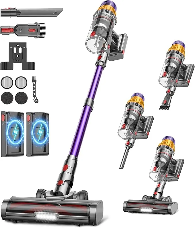 Aspiradora sin Cable con 2 Baterías, 150Min/55Kpa/600W, 2.0L Escoba Aspiradora Antienredos, Filtración de 11 Capas, Pantalla Táctil, Aspirador de Mano para Suelo/Alfombra/Pelos de Mascotas