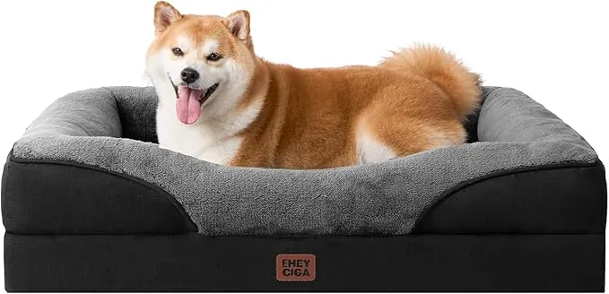 EHEYCIGA Cama Ortopedica y Viscoelastica para Perro Grande 91x68x17.5 cm, Memory Foam Sofa para Perros Lavable, Cama Gato Suave, Negro y Gris Oscuro