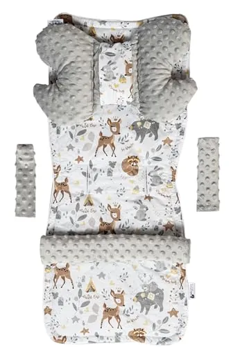Medi Partners Inserto universal para cochecito Manta para cochecito 5p Protector de cinturón + superposición para diadema Algodón + Minky (Ciervo con gris Minky)