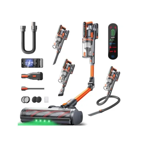 Fieety Aspiradora sin Cable 55KPa/650W/70Min(ECO), Aspiradora Escoba Potente con Brazo Flexible, Manguera 1M, Cepillo Anti-Enredo con Luz, Modo Auto, Aromática, Carga Pared, para Suelos/Alfombras/Pelo
