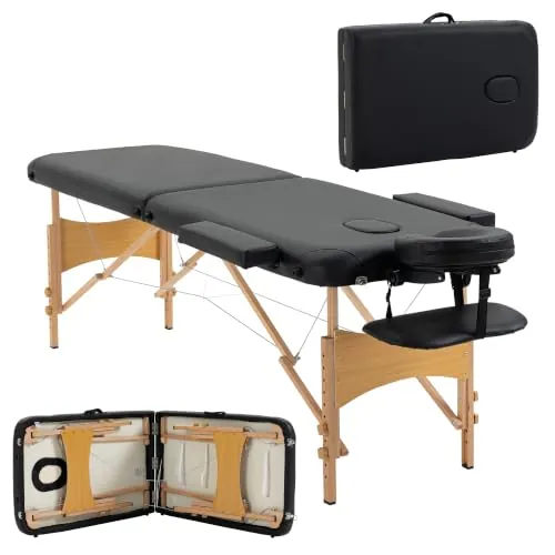 HOMCOM Camilla de Masaje Plegable Profesional 210x81 cm 2 Zonas Negro | Camilla Estética, Reposacabezas Extraíble, Asa, Marco de Madera, Altura Regulable, Bolsa de Transporte