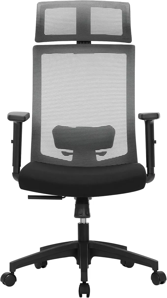 SONGMICS Silla de Oficina de Malla, Silla de Escritorio, Giratorio de 360°, Soporte Lumbar Ajustable, Apoyacabezas y Apoyabrazos, Inclinación del Respaldo hasta 120°, Gris OBN55BG