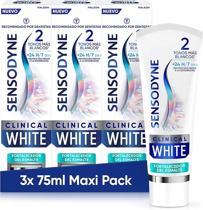 Sensodyne Clinical White Fortalecedor de Esmalte, Pasta de Dientes Blanqueante Sensodyne, Sabor a Menta, Protección Frente a la Sensibilidad, Pack de 3x75 ml