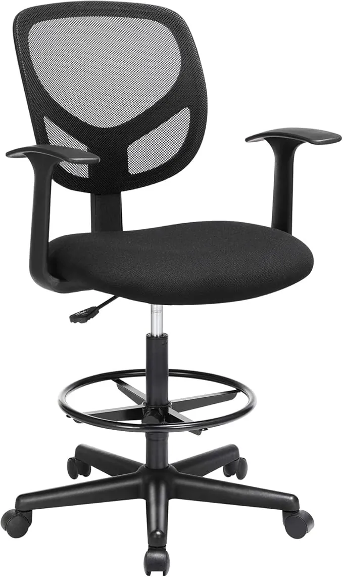 SONGMICS Silla de Malla Giratoria, Altura y Reposapiés Regulables, Silla de Dibujo Ergonómica, Silla de Oficina con Reposabrazos, Asiento de Tela, Carga máxima de 120 kg, Negro OBN25BK