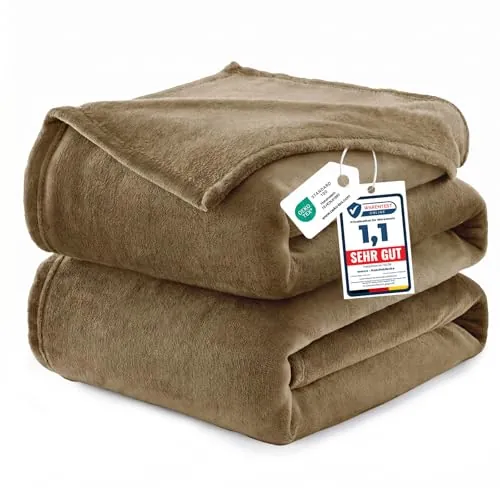 WAVVE Manta Franela Reversible para Cama 135/150, Manta Camel Grande para Sofá, Sobrecama Suave, Cálida, Transpirable 220x240 cm
