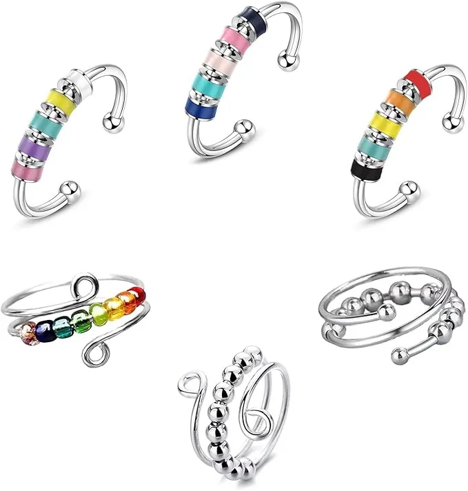 6 Piezas Anillos de Ansiedad, Anillo Antiestrés Ajustable de Acero Inoxidable, Anillos Abiertos Giratorios de Resina de Colores, Anillo Antiestres Mujer, para Mujeres, Hombres, Niños
