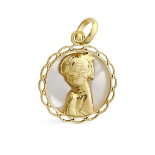 Inmaculada Romero IR Virgen Niña Medalla Plata Ley 925m chapada oro Primera Comunión 18mm. nácar Grabación incluida en - Personalizable - GRABACIÓN INCLUIDA EN EL PRECIO
