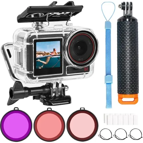 OKFUN 164FT/50M - Carcasa impermeable sumergible con 3 filtros para DJI Osmo Action 5 Pro y Action 4, carcasa protectora de buceo, monopié y mango flotante