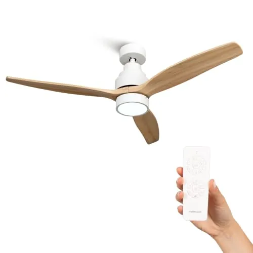 Mellerware - Ventilador de Techo con Mando a Distancia Brizy Bright | 30 W | 6 Velocidades | Ultra silencioso | 3 Aspas 132 de Diámetro | Función Verano-Invierno | Temporizador | LED | Lightwood