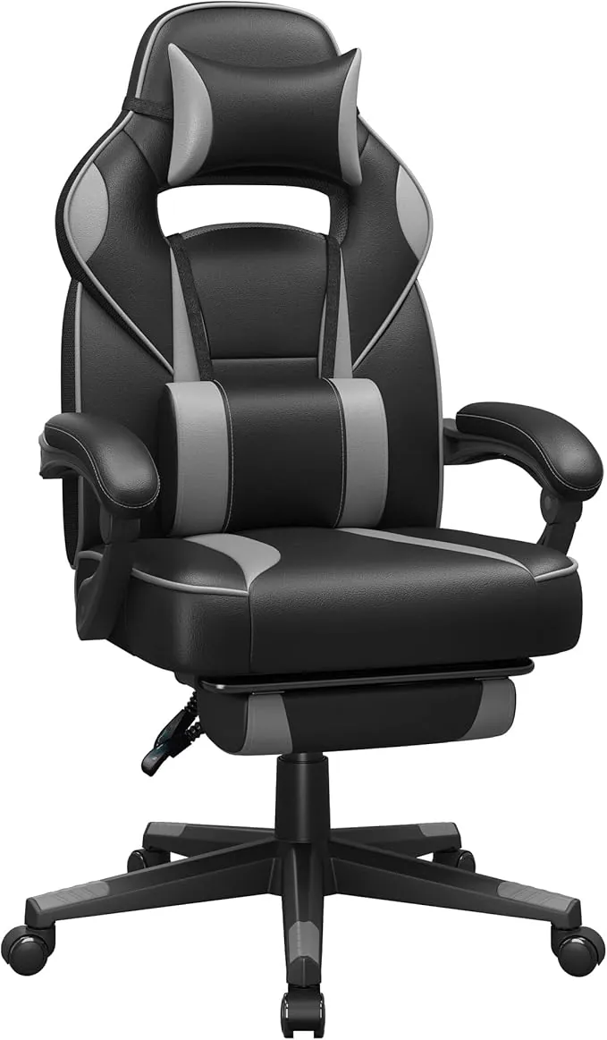 SONGMICS Silla de Oficina, Silla Gaming Ergonómica, con Reposapiés Telescópico, Respaldo Ajustable, Reposacabezas y Soporte Lumbar, Carga de 150 kg, Negro Tinta y Gris Paloma OBG073B03