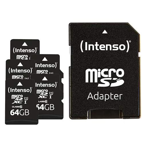 Intenso Premium microSDXC - Tarjeta de Memoria (5 Unidades, 64 GB, Clase 10, UHS-I, Incluye Adaptador SD), Color Negro