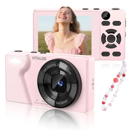 Cámara Digital 64MP 4K Cámara de Fotos Compacta con Doble Lente,Pantalla LCD 2,8 Pulgadas,Batería de 2000 mAh,Carcasa de Aleación de Zinc y Zoom Digital 18X para Niños y Adultos(Rosa,SIN Tarjeta SD)