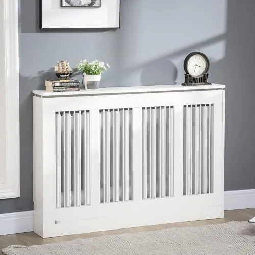 HOMCOM Cubre Radiadores de MDF con Listones, Repisa, 120x18x84 cm, Blanco