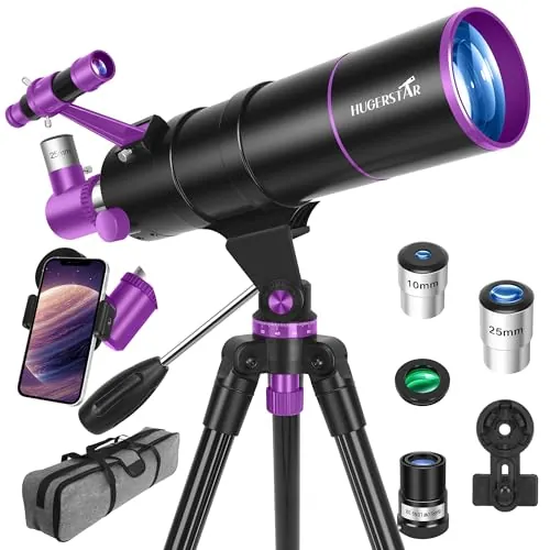 HUGERSTAR Telescopio Astronómico Profesional para Adultos y Niños Principiantes, 90/550 mm Telescopio Refractor Portátil con Trípode Ajustable, Filtro Lunar, Adaptador Teléfono y Bolsa de Transporte