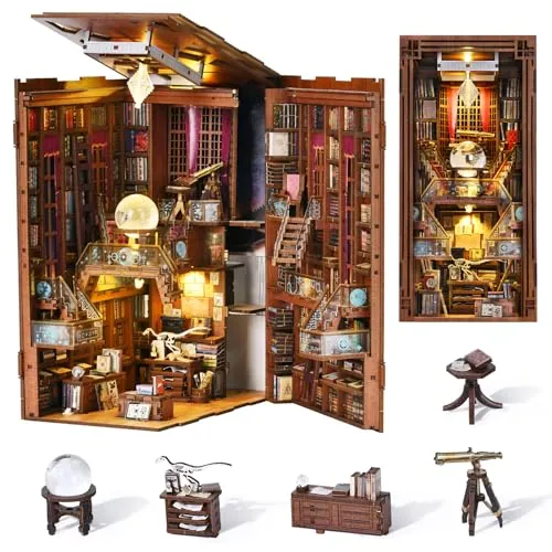 MiniCity Book Nook Kit, DIY Miniature Dollhouse Booknook Kit, Puzzle de Madera 3D, sujetalibros, estantería para Insertar decoración con luz LED para Adolescentes y Adultos (Beyond Library)