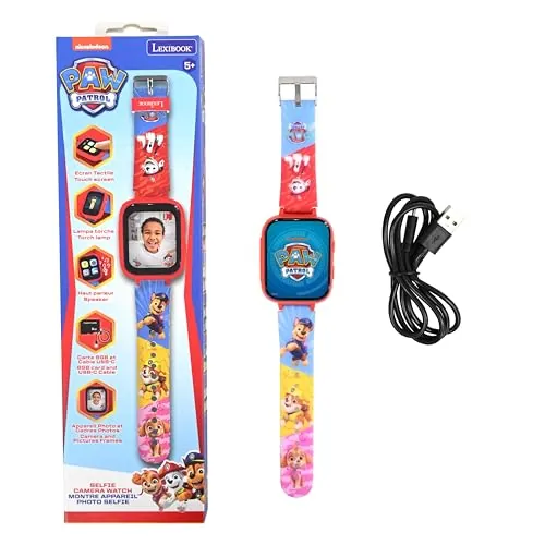 LEXIBOOK, La Patrulla Canina, Reloj con cámara Selfie, Pantalla táctil HD, Cámara 720p, Reproductor MP3, Altavoz Integrado, Dictáfono, Podómetro, 5 Juegos, Rojo, DMW070PA