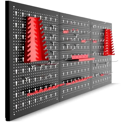 tectake® Organizador de Herramientas de Pared, Panel Perforado, Estantería de Taller con Ganchos, Banco de Herramientas, Herramientas Bricolaje, Tablero Perforado - 3 Tableros