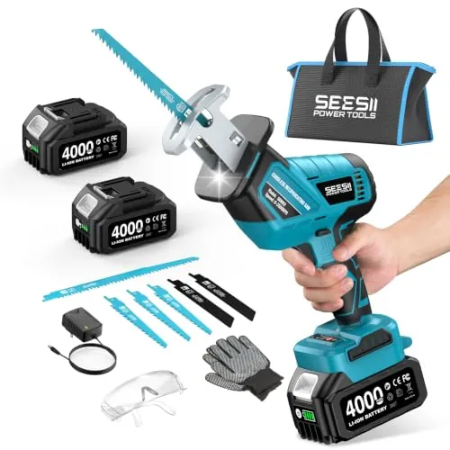 SEESII Sierra Sable Inalámbrica 21V, Sierra Alternativa de 2 Baterías 4.0Ah, 3500 RPM motor sin escobillas, luz LED, 6 hojas de sierra portátil para madera PVC de corte