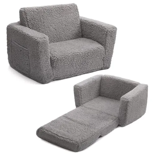 BEJOY Sillón Infantil Sofá Cama 2 en 1, Convertible a Tumbona, Sofá Suave para Niñas y Niños, Día del Niño y Cumpleaños, Gris