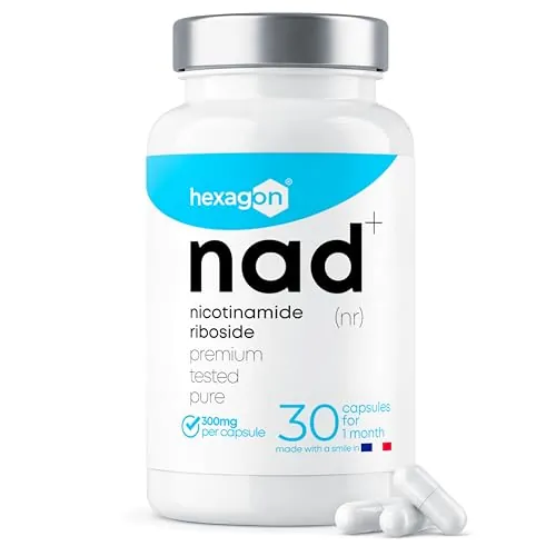 NAD+ Nicotinamide Riboside Chloride 300mg - +6 Meses de Cura - Contra la Edad y la Fatiga, NAD Booster - Polvo Puro, 180 Cápsulas - Grado Farmacéutico - Vegano - Hexagon