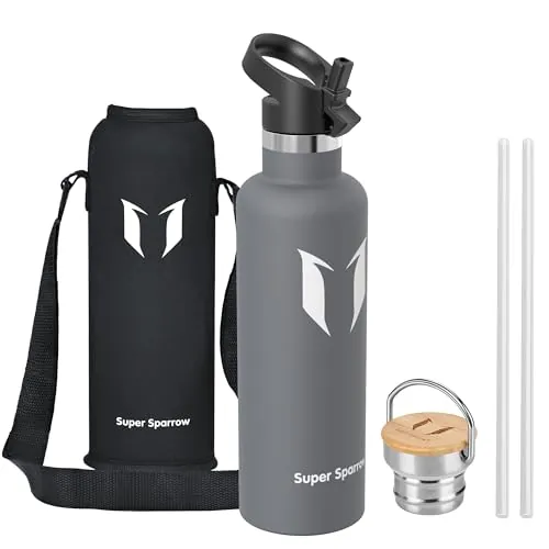 Super Sparrow Botella Agua Acero Inoxidable - Botella Agua Niños - 1L - Botella Termica Boca Estándar - Sin BPA, para Niños & Adultos, Deporte, Oficina, Yoga, Ciclismo