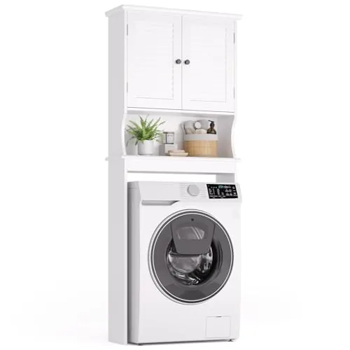 Xbro Armario para Inodoro y Lavadora, Mueble Alto con Puertas y Estantes Abiertos, Ahorra Espacio, 65 x 22 x 163,5 cm,Blanco